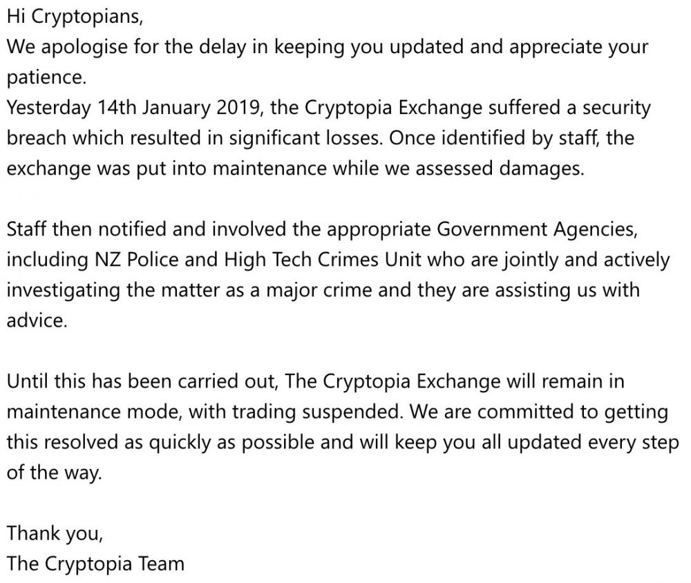 Cryptocurrency exchange Cryptopia's tweet about the hack.