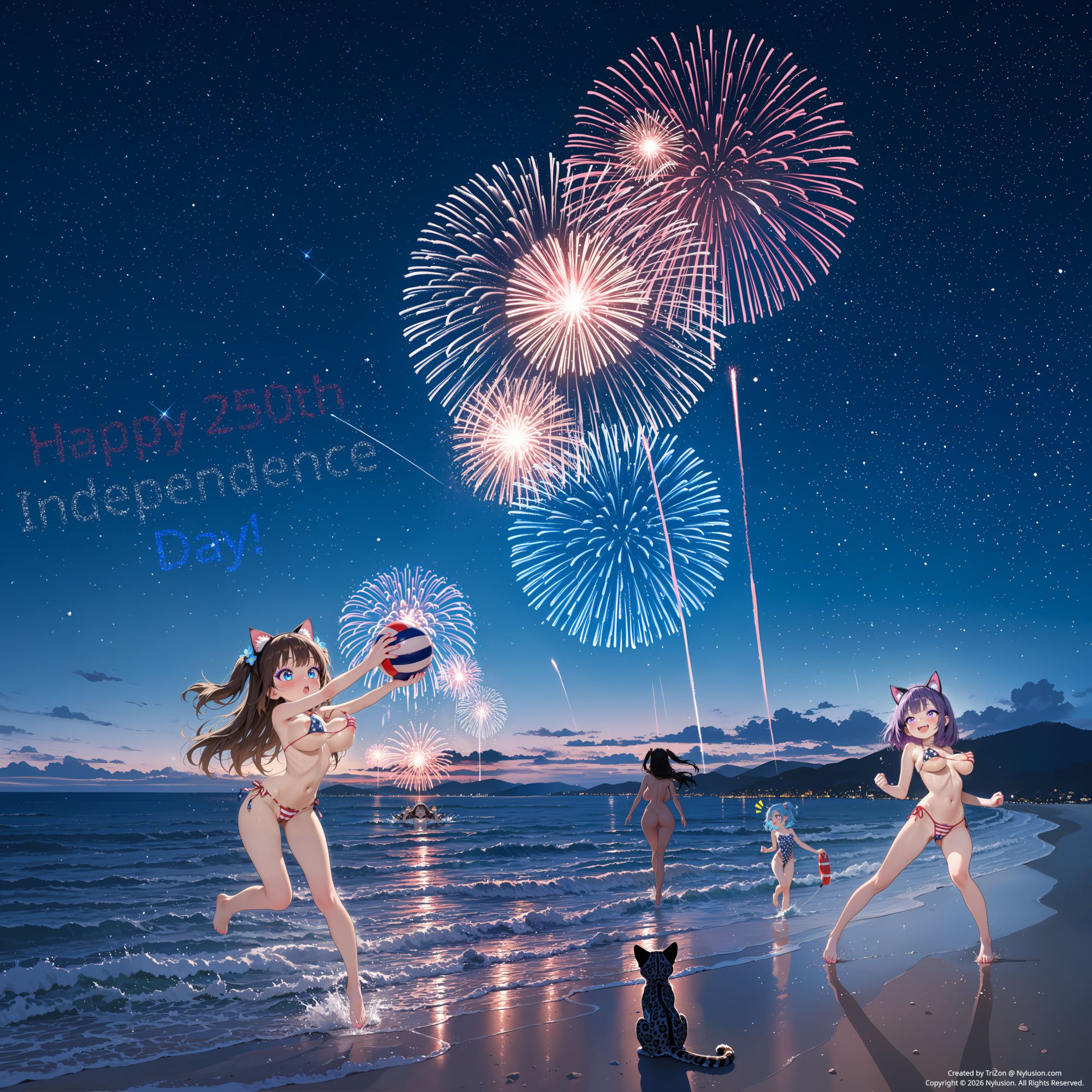 Nanako and Nikki playing ball on the beach for the 4th of July and America's 250th birthday. Kuromi gazing at the fireworks in the background. Kana having trouble swimming while Hanami notices with her lifebuoy. Bartholomew the cat tries to avoid getting his paws too wet.